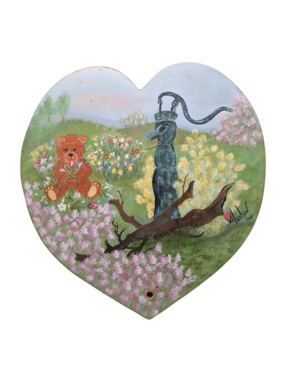 Handpainted Signed V Haskew 10"x9 3/4"  Wooden Heart Vintage Folk Art Teddy Bear